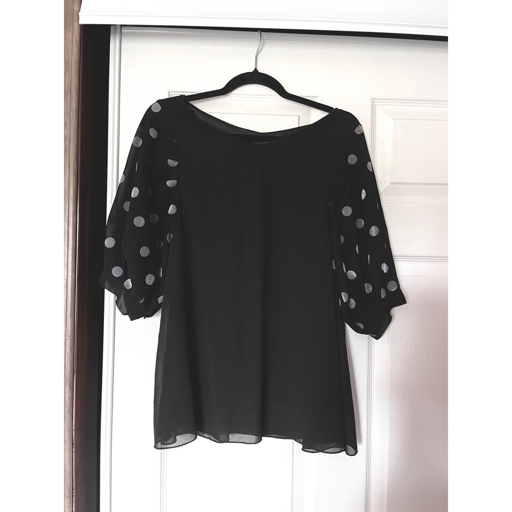 Nilanki‎ Fashion Black Chiffon Polka Dot Sleeve Boat Neck Blouse Womens Size M